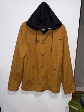 Men's Military-Style Hooded Field Jacket in Tan with Black Hood